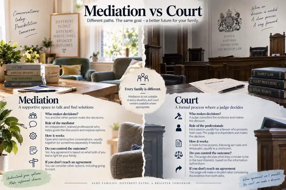 Mediation vs family court pathway comparison infographic from Alderton Family Mediation